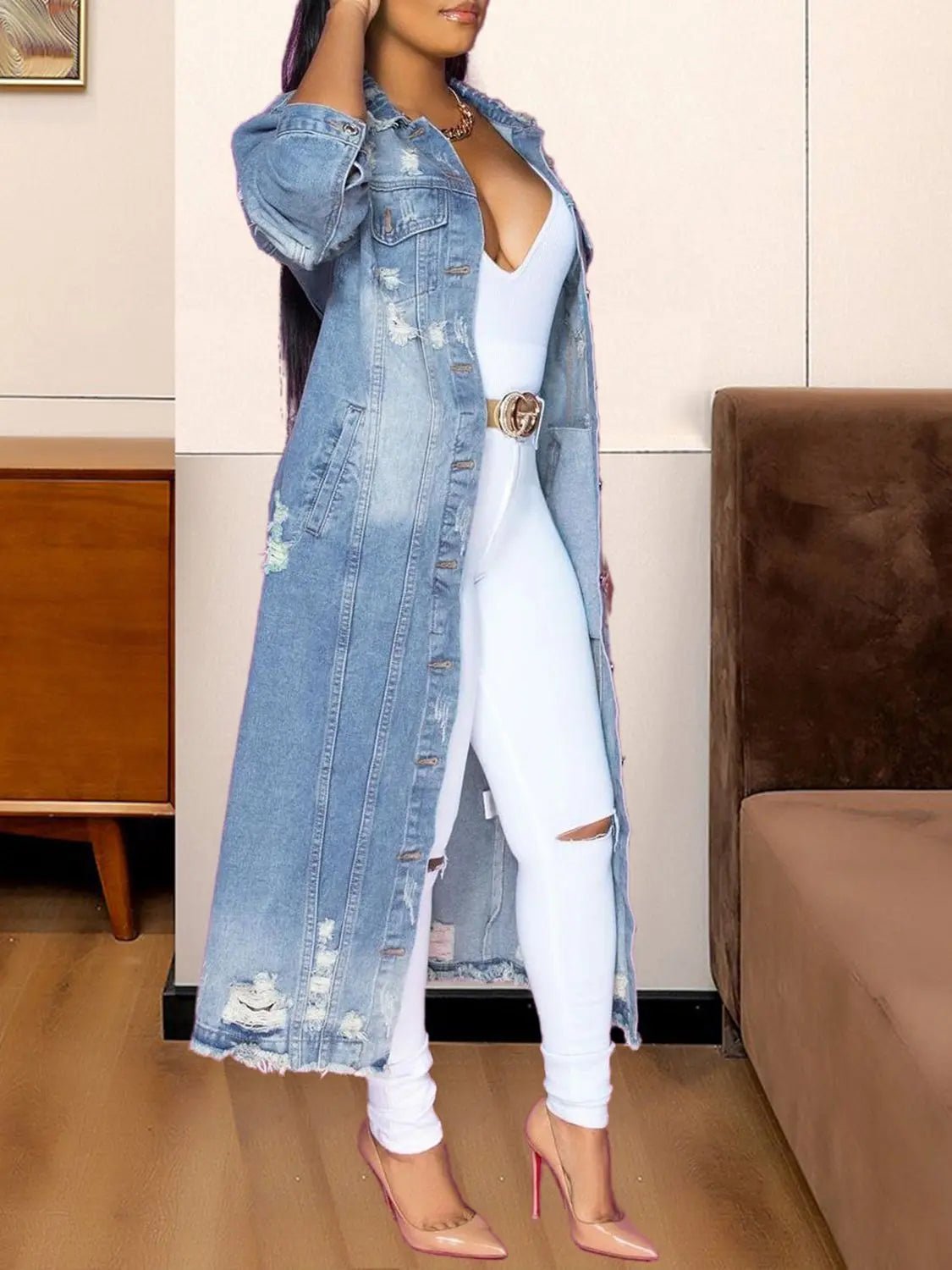 Long Sleeve Raw Hem Denim Jacket - GlossiChic CollectionBlazer & Cardigan