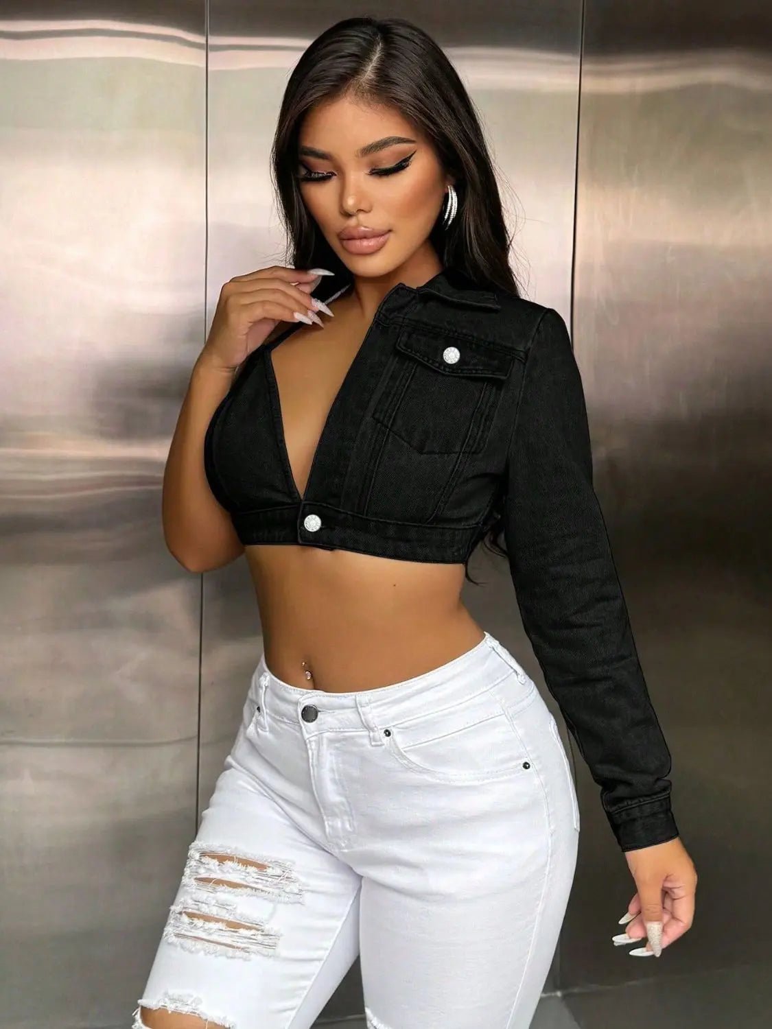 One Shoulder Long Sleeve Cropped Denim Top - GlossiChic CollectionShirts & Tops