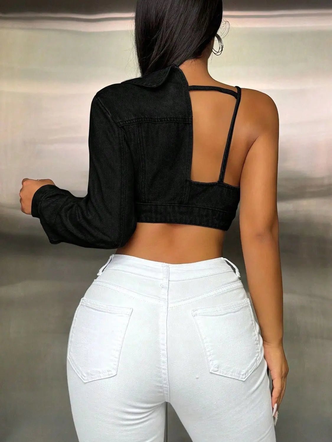 One Shoulder Long Sleeve Cropped Denim Top - GlossiChic CollectionShirts & Tops