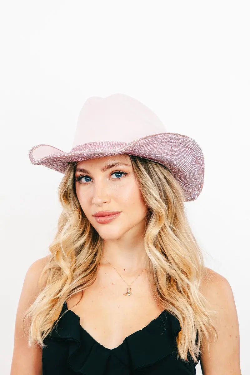 Pave Rhinestone Trim Faux Suede Hat - GlossiChic CollectionBelts & Hats