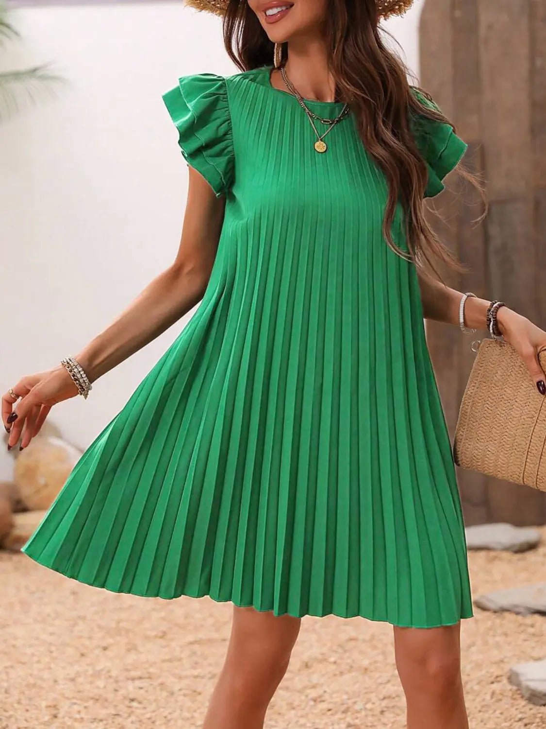 Pleated Round Neck Cap Sleeve Mini Dress - GlossiChic CollectionDresses