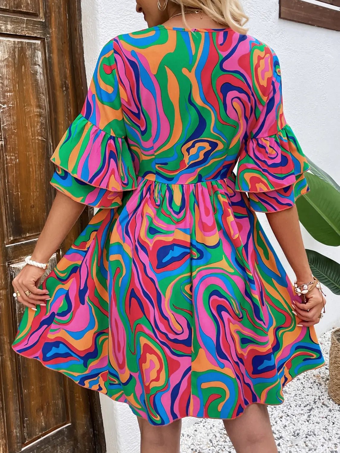 Ruffled Printed V - Neck Half Sleeve Mini Dress - GlossiChic CollectionDresses