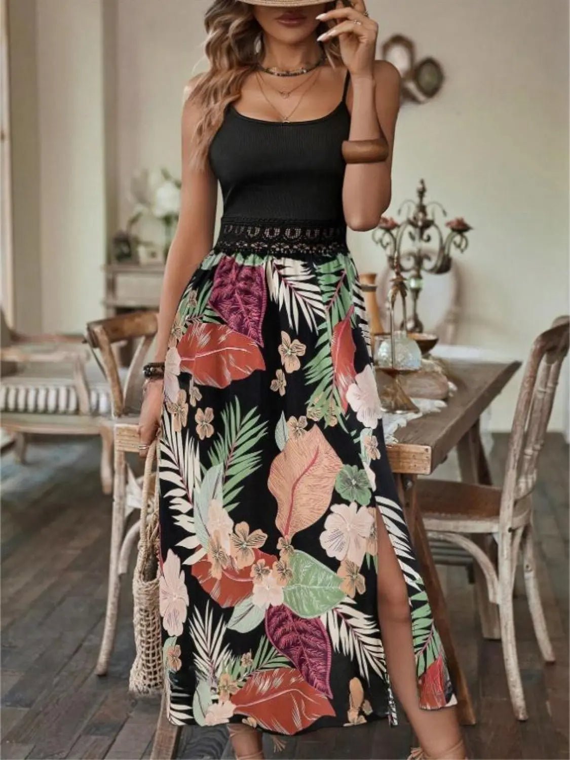 Slit Printed Scoop Neck Cami Dress - GlossiChic CollectionDresses