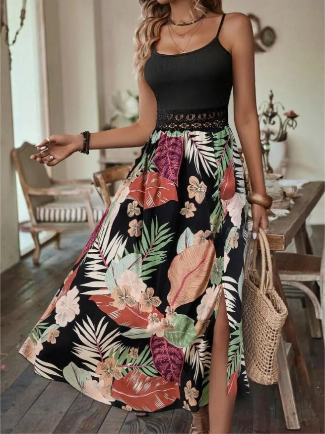 Slit Printed Scoop Neck Cami Dress - GlossiChic CollectionDresses