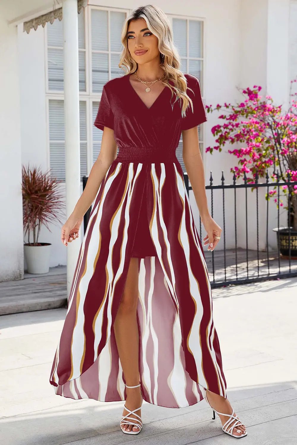 Smocked High - Low Printed Surplice Dress - GlossiChic CollectionDresses