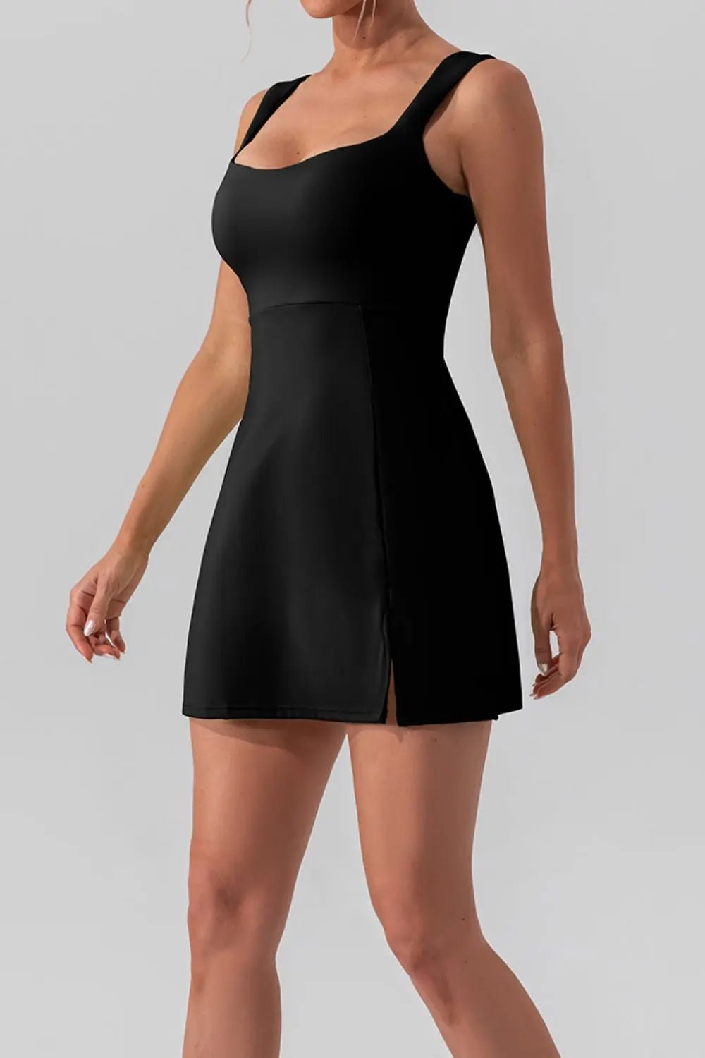 Square Neck Sleeveless Slit Mini Active Dress - GlossiChic CollectionActivewear