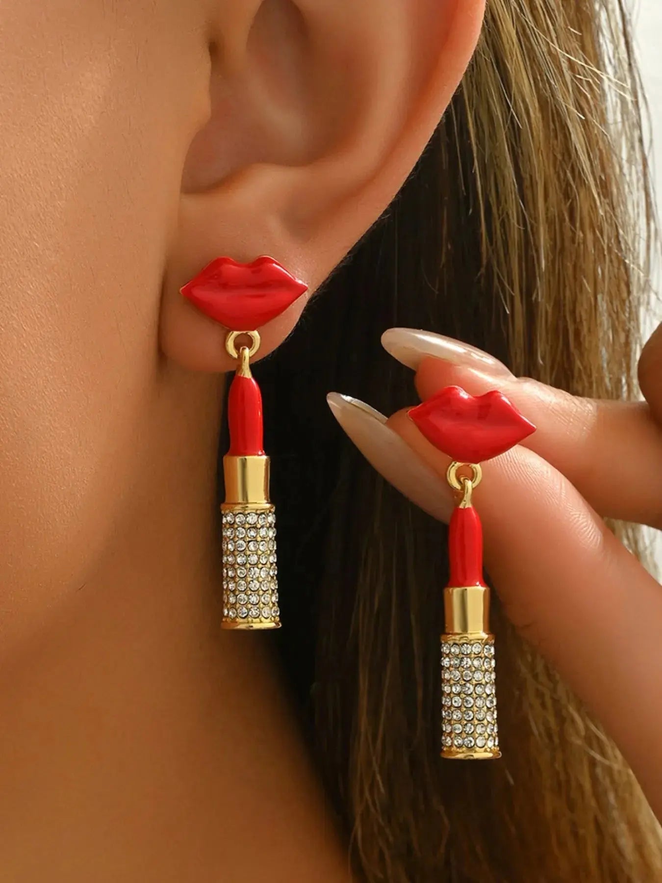 Stainless Steel Resin Lips Lipstick Rhinestone Earrings - GlossiChic Collectionjewelry