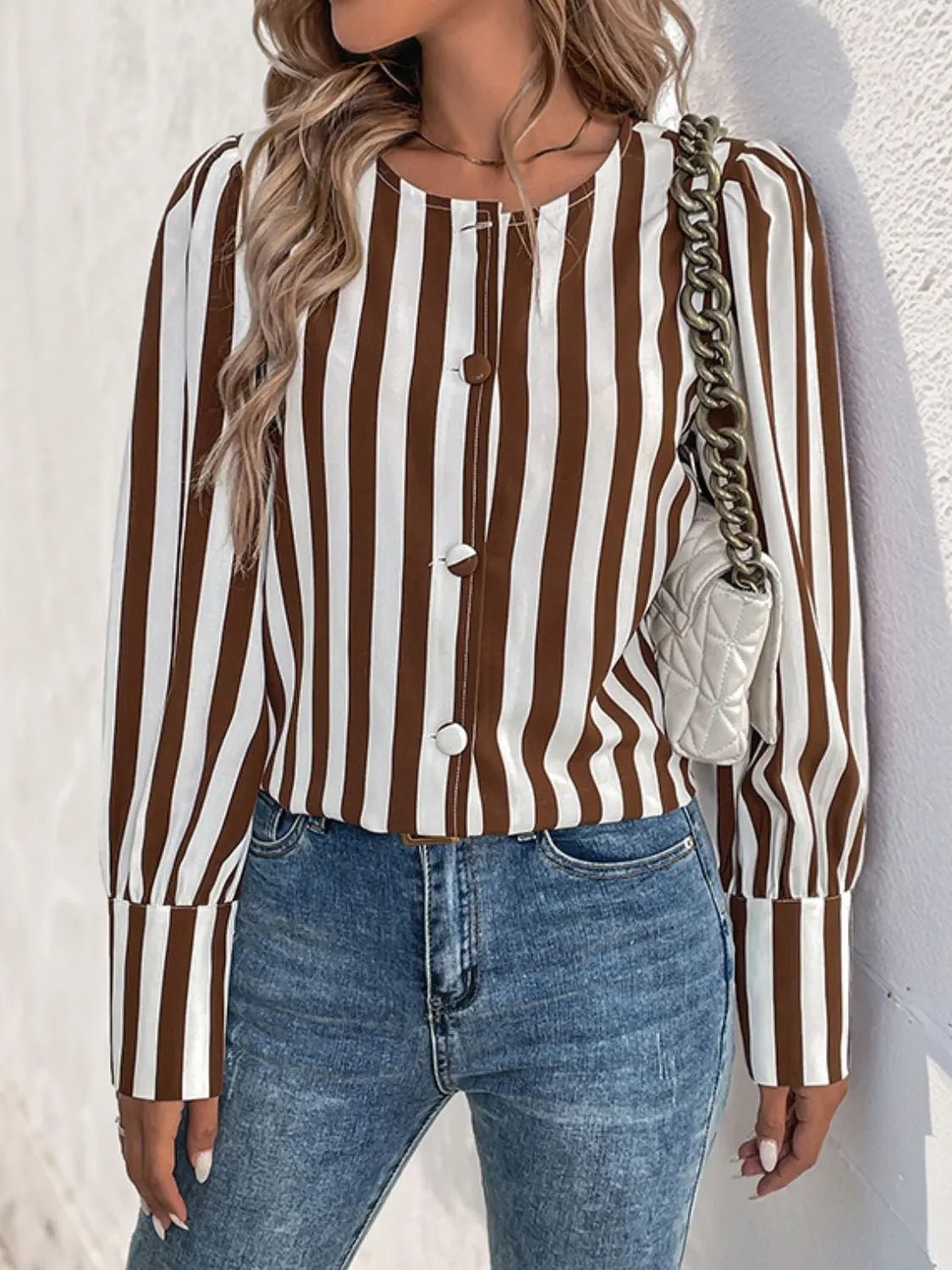 Striped Round Neck Long Sleeve Blouse - GlossiChic CollectionShirts & Tops