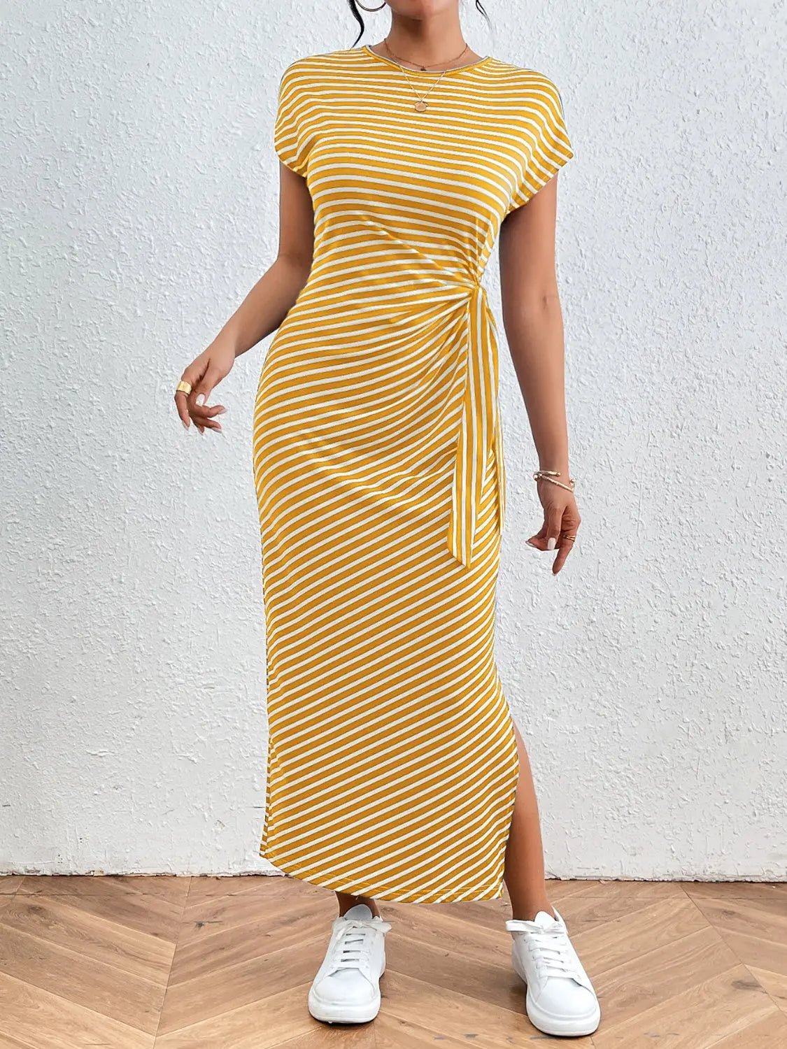 Tied Striped Round Neck Short Sleeve Tee Dress - GlossiChic CollectionDresses