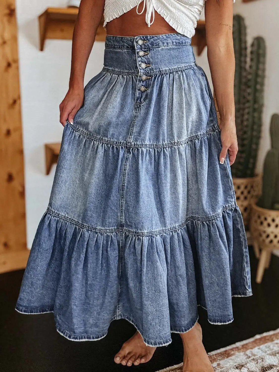 Tiered Button - Fly Denim Skirt - GlossiChic CollectionDresses