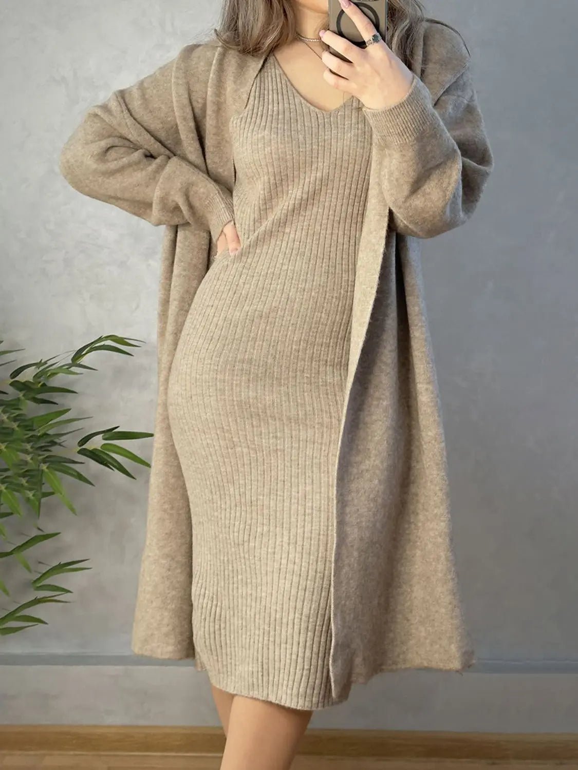 V - Neck Cami Dress and Open Front Cardigan Sweater Set - GlossiChic CollectionOutfit Set