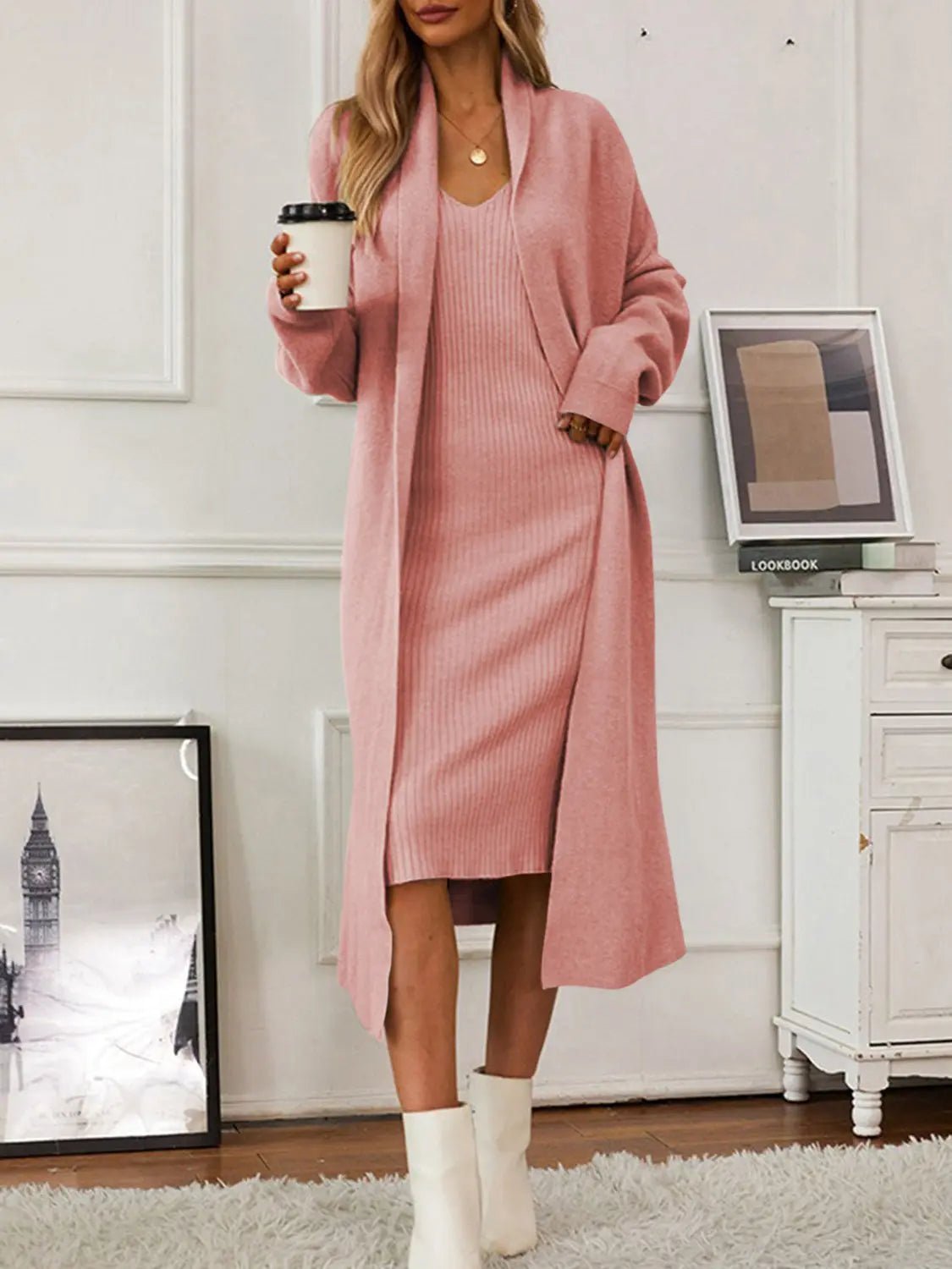 V - Neck Cami Dress and Open Front Cardigan Sweater Set - GlossiChic CollectionOutfit Set