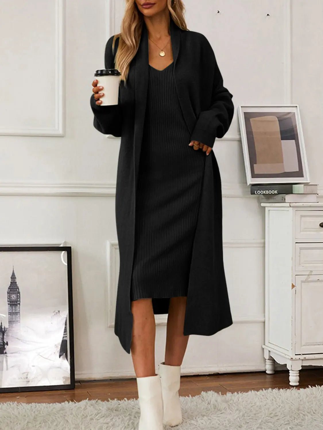 V - Neck Cami Dress and Open Front Cardigan Sweater Set - GlossiChic CollectionOutfit Set