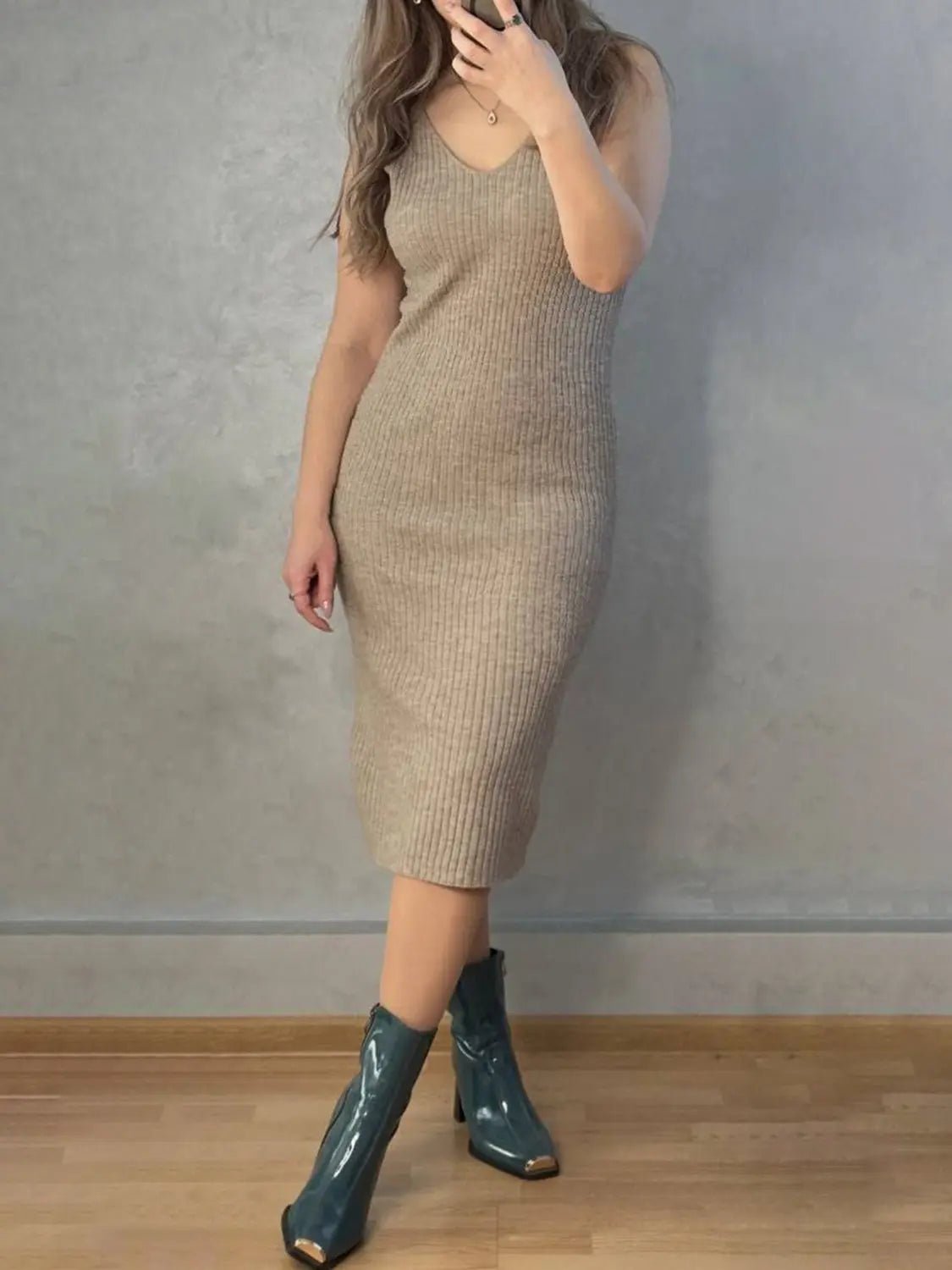 V - Neck Cami Dress and Open Front Cardigan Sweater Set - GlossiChic CollectionOutfit Set