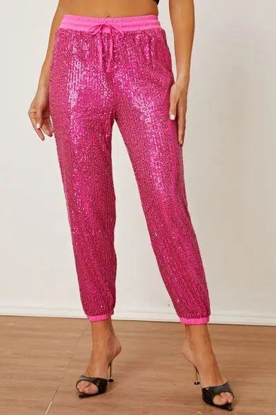Sequin Drawstring Pants with Pockets - GlossiChic Collection Hot Pink / S GlossiChic Collection Jeans, Pants, & Shorts