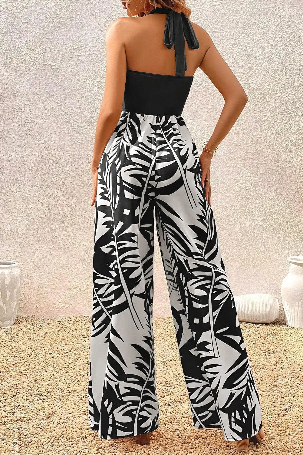 Printed Halter Wide Leg Jumpsuit - GlossiChic Collection Black / S GlossiChic Collection Jeans, Pants, & Shorts