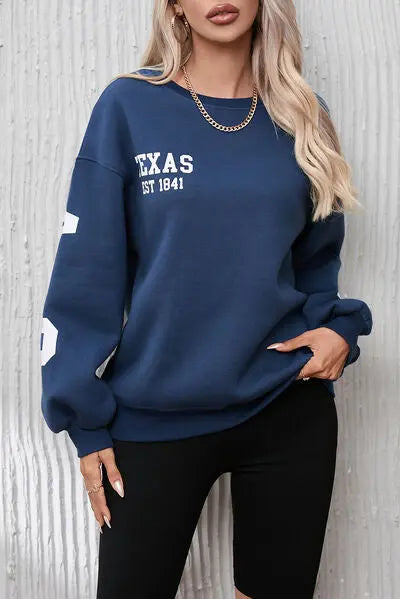 Letter Graphic Round Neck Dropped Shoulder Sweatshirt - GlossiChic Collection Navy / S GlossiChic Collection apparel