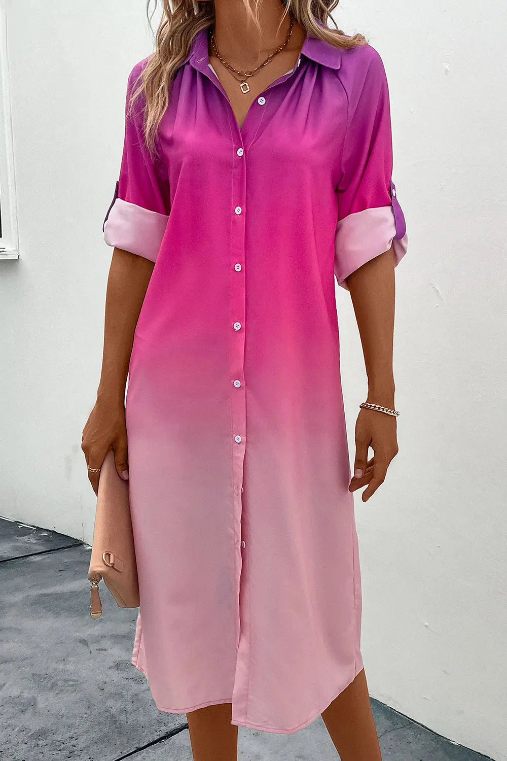 Gradient Long Sleeve Shirt Dress - GlossiChic Collection Hot Pink / S GlossiChic Collection Dresses