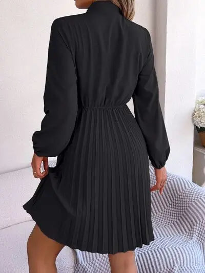 Tie Neck Balloon Sleeve Pleated Dress - GlossiChic Collection Wine / S GlossiChic Collection Dresses