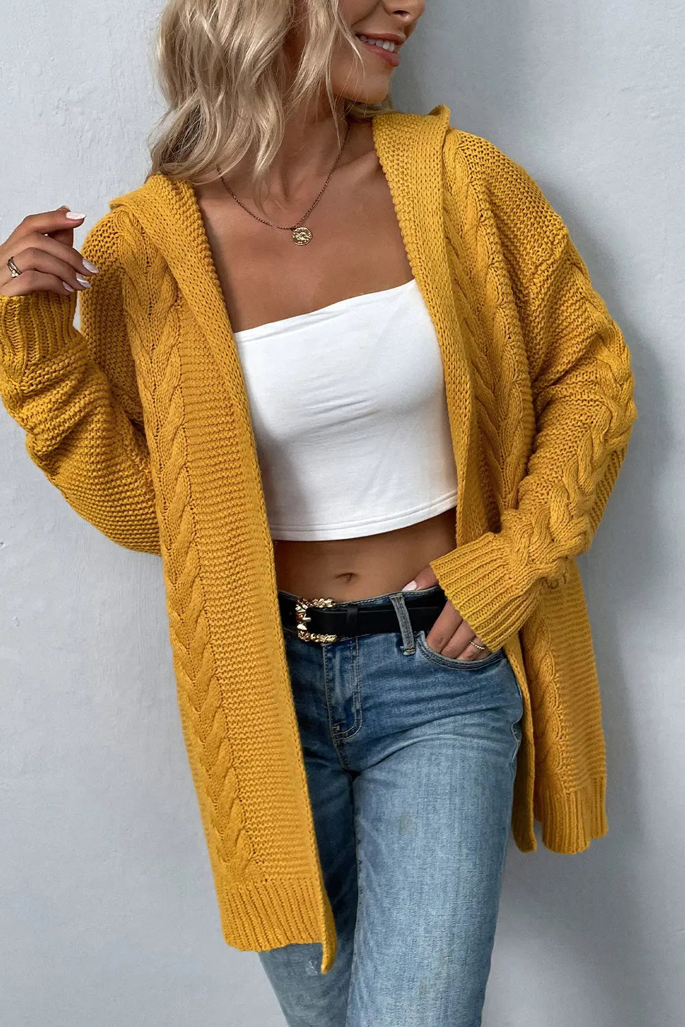 Cable-Knit Dropped Shoulder Hooded Cardigan - GlossiChic Collection Charcoal / S GlossiChic Collection apparel