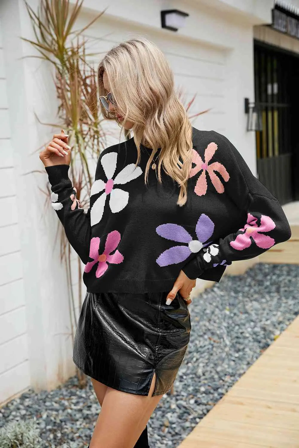 Flower Round Neck Drop Shoulder Sweater - GlossiChic Collection Teal / S GlossiChic Collection apparel