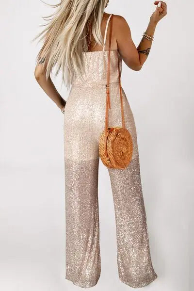 Sequin Spaghetti Strap Wide Leg Jumpsuit - GlossiChic Collection Gold / S GlossiChic Collection Jumpers & Rompers