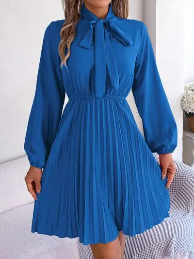 Tie Neck Balloon Sleeve Pleated Dress - GlossiChic Collection Wine / S GlossiChic Collection Dresses