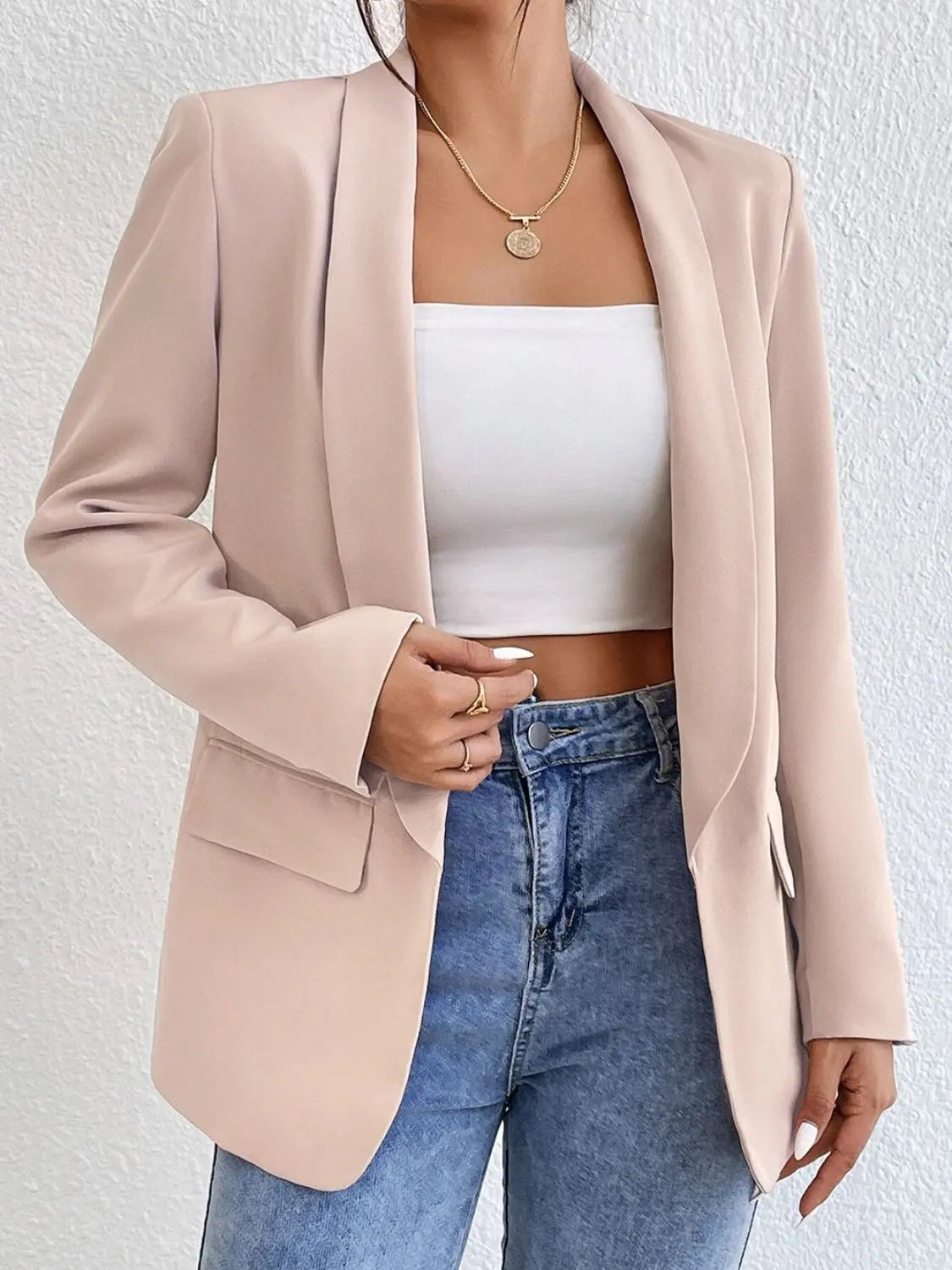 Shawl Collar Long Sleeve Blazer - GlossiChic Collection Sand / S GlossiChic Collection Blazer & Cardigan