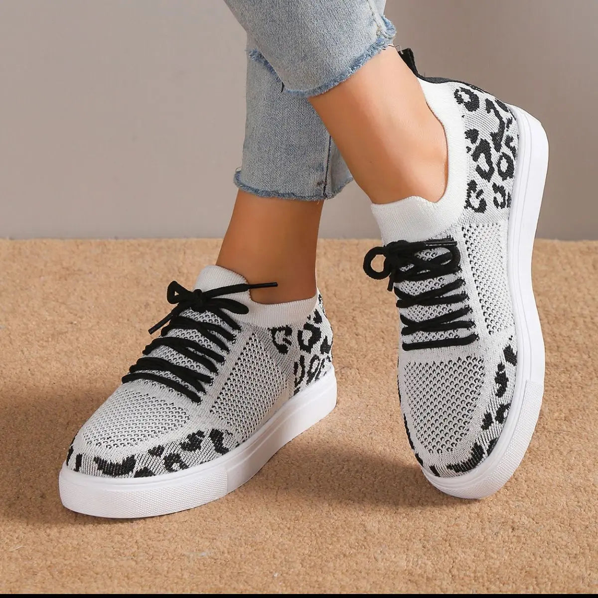 Lace-Up Leopard Flat Sneakers - GlossiChic Collection Black / 36(US5) GlossiChic Collection Shoes & Accessories