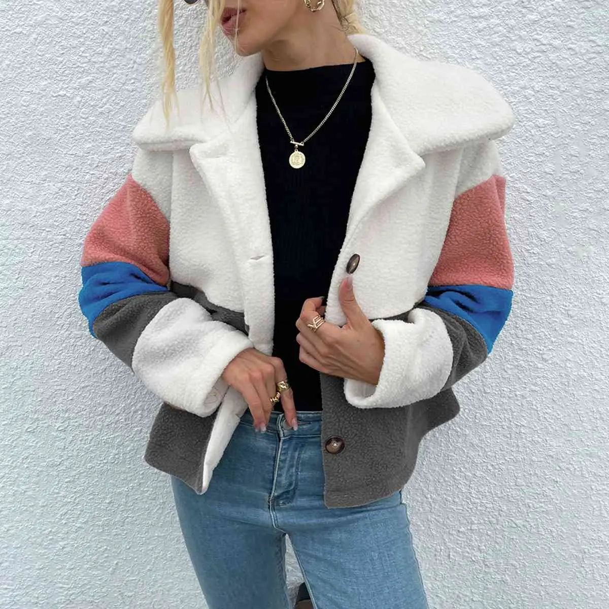 Color Block Button Down Collared Jacket - GlossiChic Collection Charcoal / S GlossiChic Collection apparel