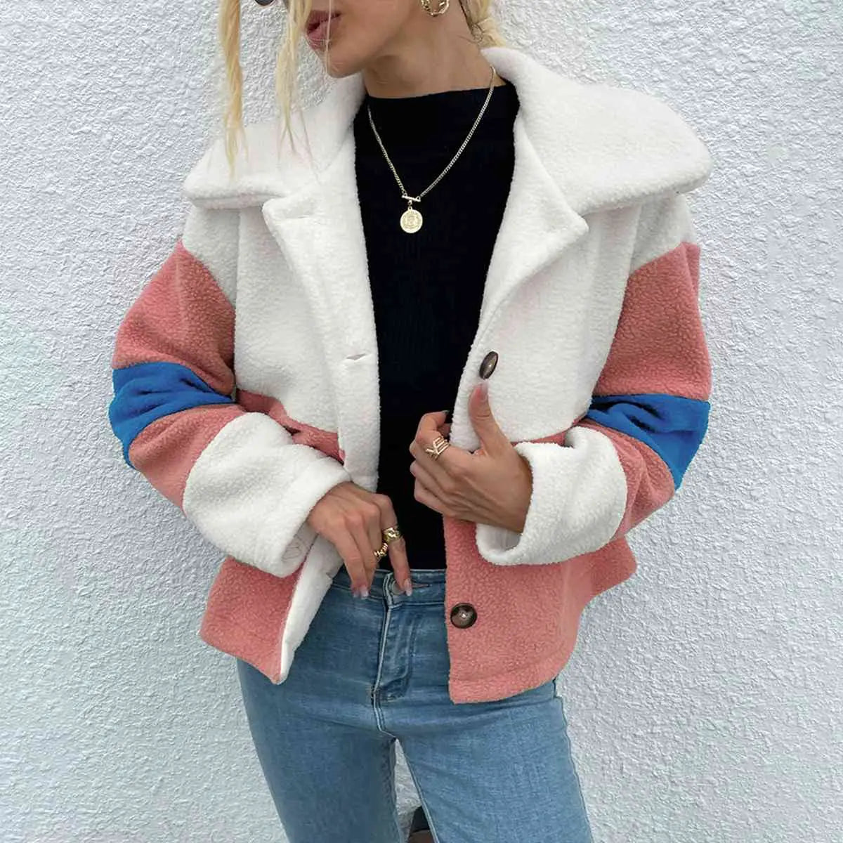Color Block Button Down Collared Jacket - GlossiChic Collection Burnt Coral / S GlossiChic Collection apparel