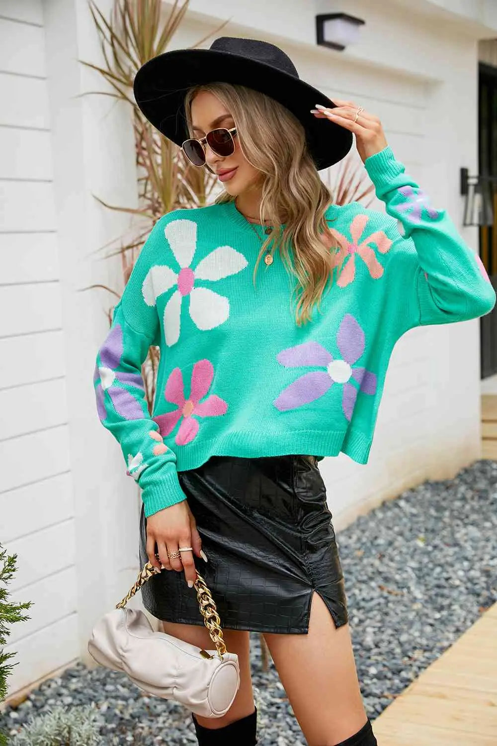 Flower Round Neck Drop Shoulder Sweater - GlossiChic Collection Teal / S GlossiChic Collection apparel