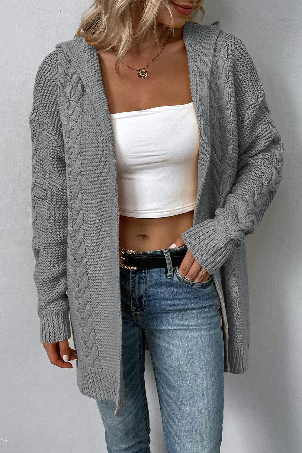 Cable-Knit Dropped Shoulder Hooded Cardigan - GlossiChic Collection Charcoal / S GlossiChic Collection apparel