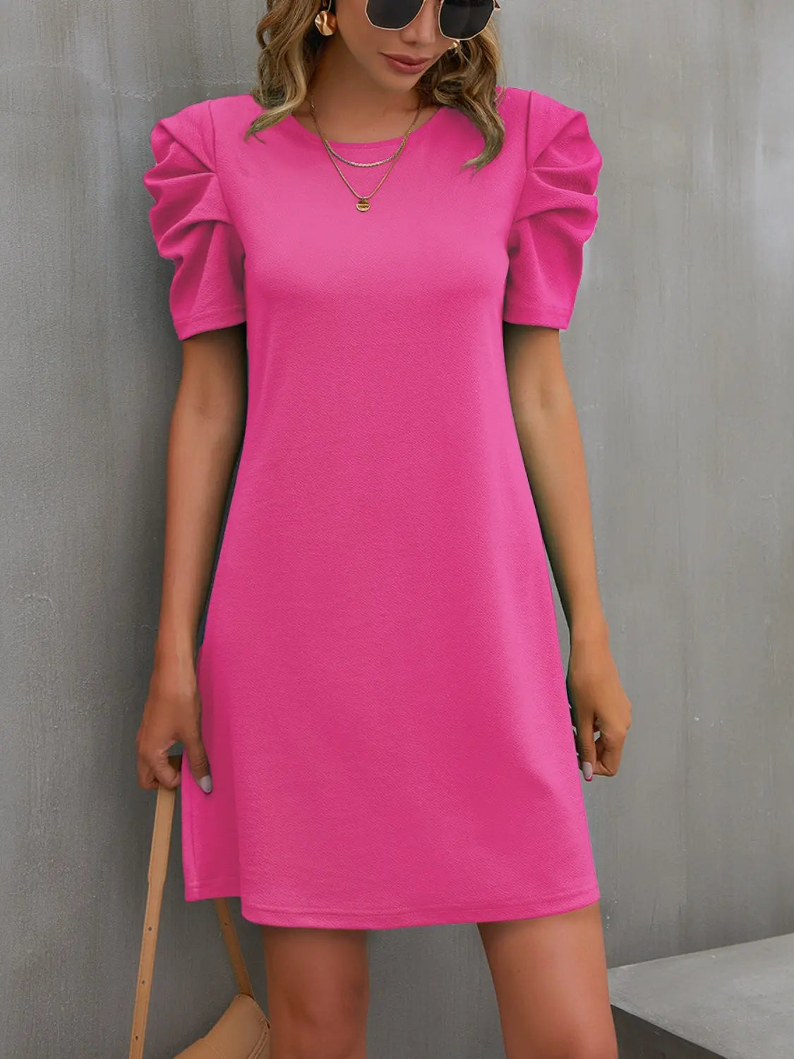 Round Neck Puff Sleeve Mini Dress - GlossiChic Collection Deep Rose / S GlossiChic Collection Dresses