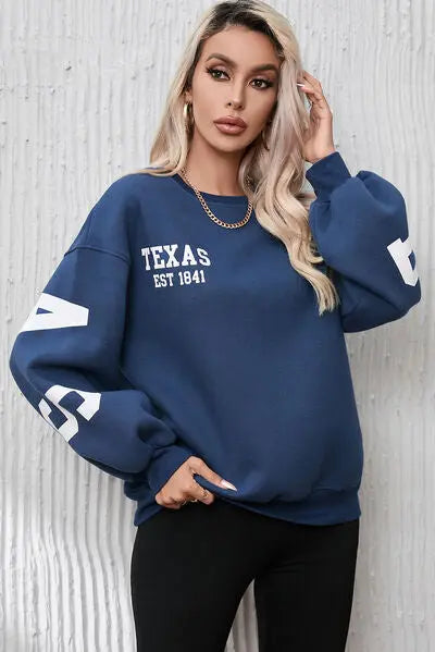 Letter Graphic Round Neck Dropped Shoulder Sweatshirt - GlossiChic Collection Navy / S GlossiChic Collection apparel