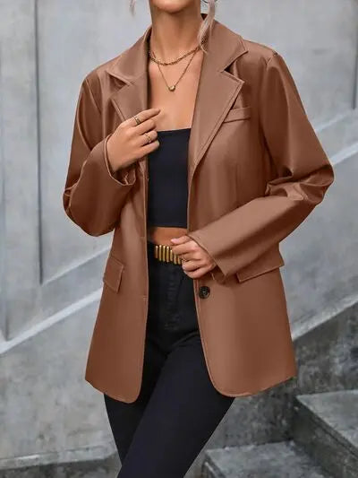 Pocketed Button Up Collared Neck Blazer - GlossiChic Collection Chestnut / S GlossiChic Collection apparel