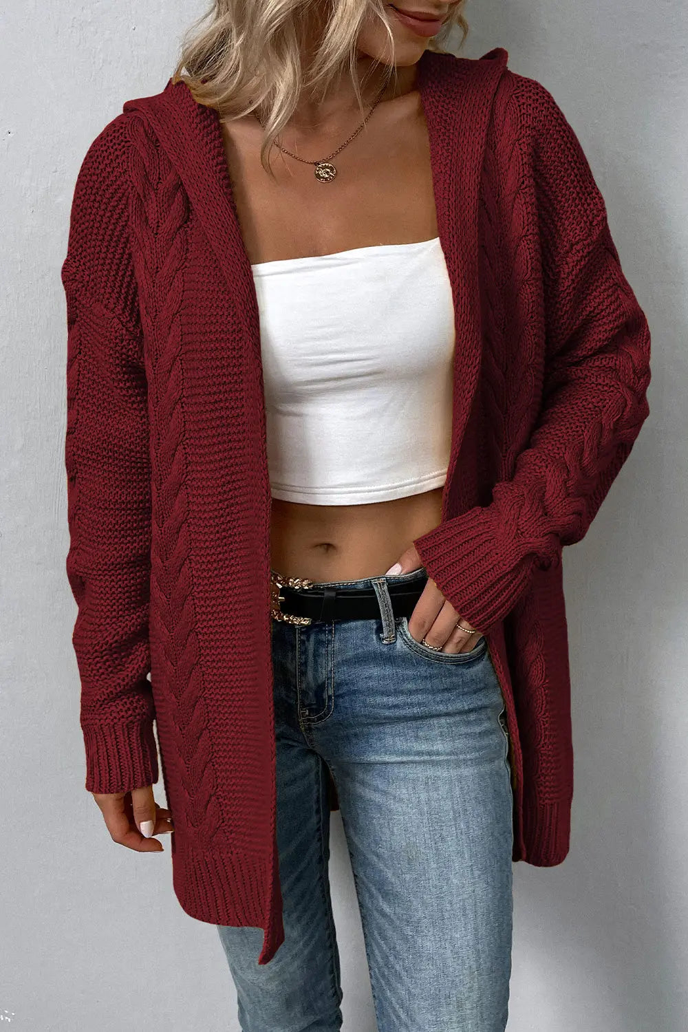 Cable-Knit Dropped Shoulder Hooded Cardigan - GlossiChic Collection Charcoal / S GlossiChic Collection apparel