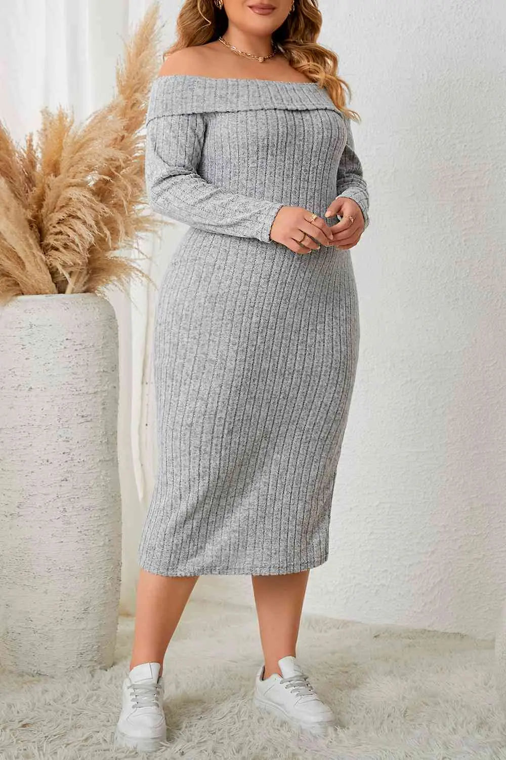 Plus Size Square Neck Long Sleeve Slit Dress - GlossiChic Collection Heather Gray / 1XL GlossiChic Collection apparel