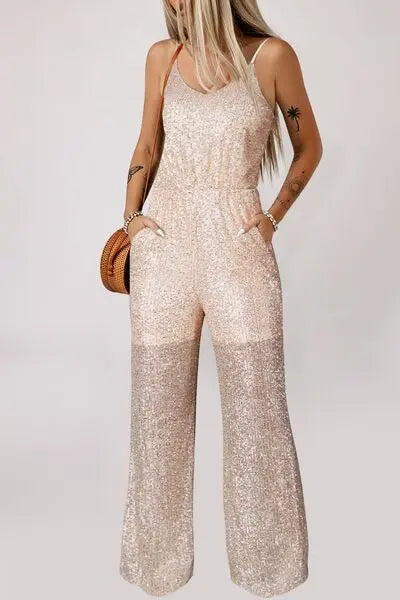 Sequin Spaghetti Strap Wide Leg Jumpsuit - GlossiChic Collection Gold / S GlossiChic Collection Jumpers & Rompers