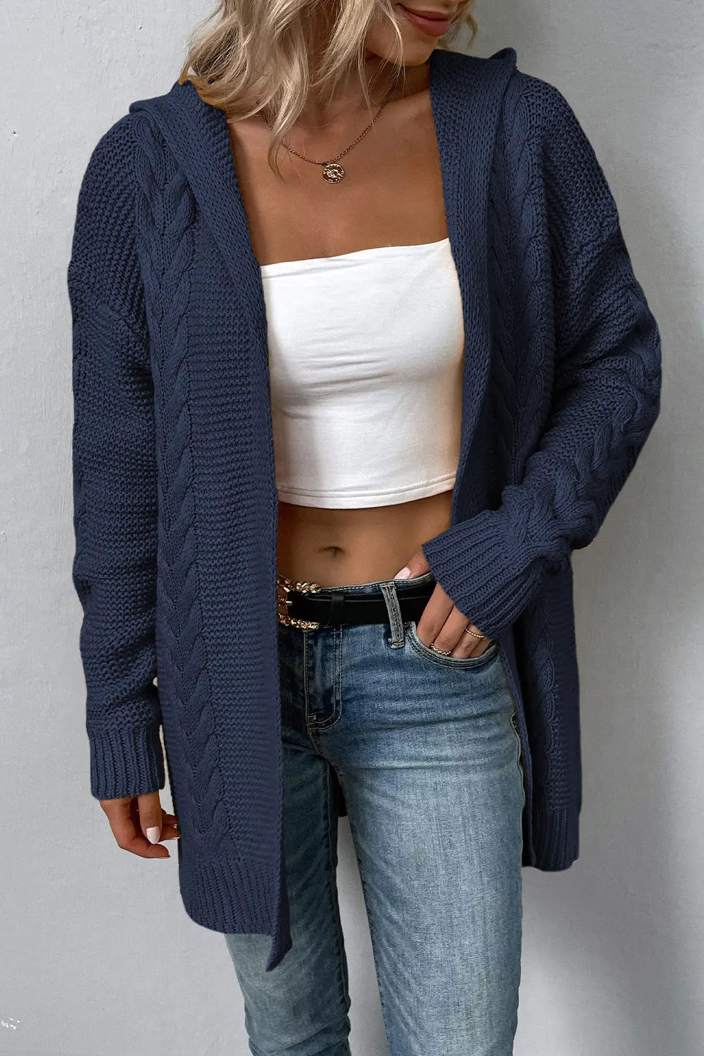 Cable-Knit Dropped Shoulder Hooded Cardigan - GlossiChic Collection Charcoal / S GlossiChic Collection apparel
