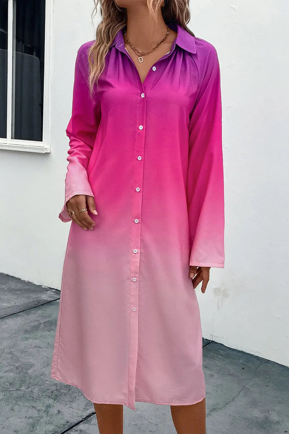 Gradient Long Sleeve Shirt Dress - GlossiChic Collection Hot Pink / S GlossiChic Collection Dresses