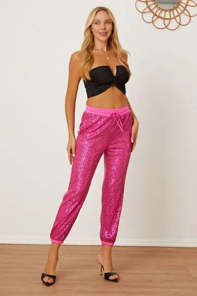 Sequin Drawstring Pants with Pockets - GlossiChic Collection Hot Pink / S GlossiChic Collection Jeans, Pants, & Shorts