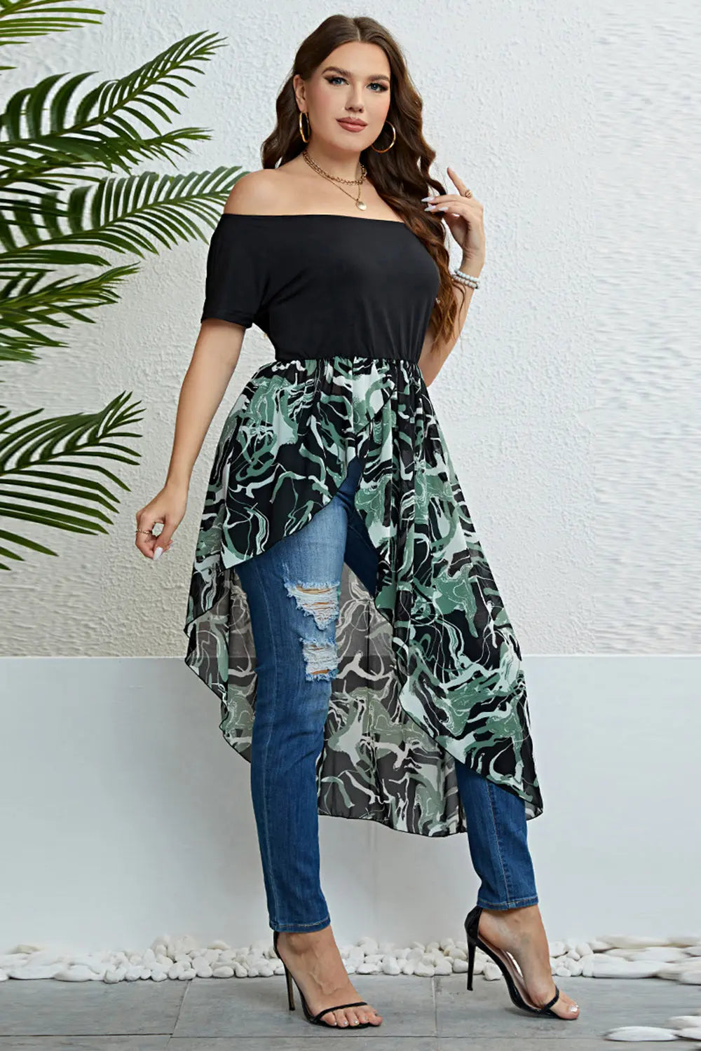 Plus Size Off-Shoulder Asymmetrical Hem Dress - GlossiChic Collection Black / 1XL GlossiChic Collection Dresses