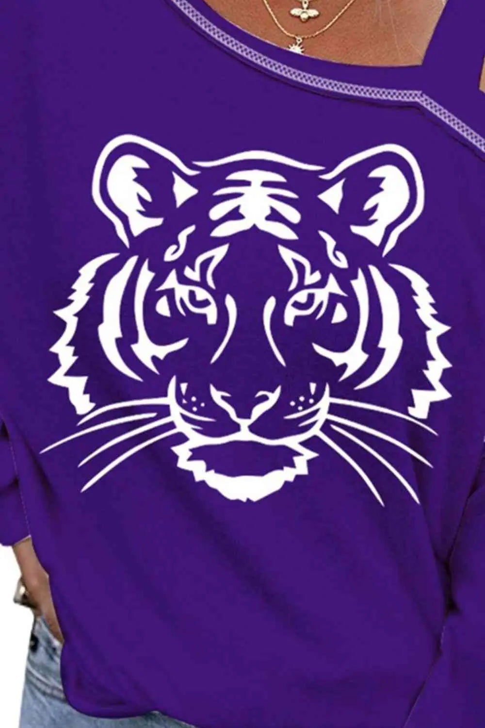 Tiger Graphic Long Sleeve Asymmetrical Neck Top - GlossiChic Collection Violet / S GlossiChic Collection Shirts & Tops