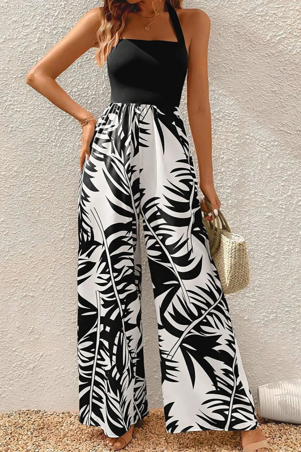 Printed Halter Wide Leg Jumpsuit - GlossiChic Collection Black / S GlossiChic Collection Jeans, Pants, & Shorts