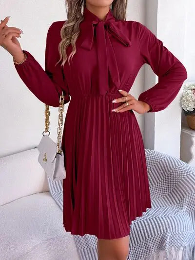 Tie Neck Balloon Sleeve Pleated Dress - GlossiChic Collection Wine / S GlossiChic Collection Dresses