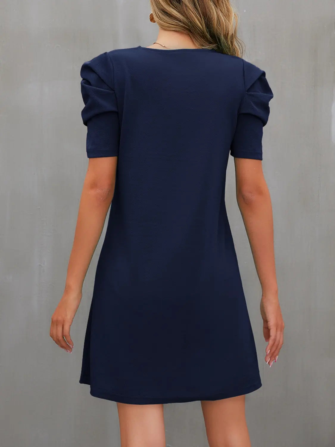 Round Neck Puff Sleeve Mini Dress - GlossiChic Collection Navy / S GlossiChic Collection Dresses