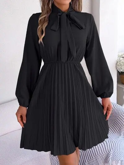 Tie Neck Balloon Sleeve Pleated Dress - GlossiChic Collection Black / S GlossiChic Collection Dresses
