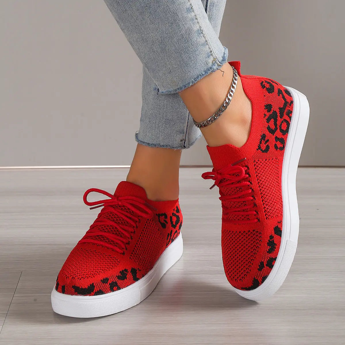 Lace-Up Leopard Flat Sneakers - GlossiChic Collection Black / 36(US5) GlossiChic Collection Shoes & Accessories