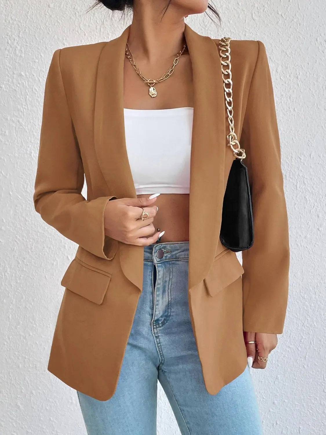 Shawl Collar Long Sleeve Blazer - GlossiChic Collection Tan / S GlossiChic Collection Blazer & Cardigan